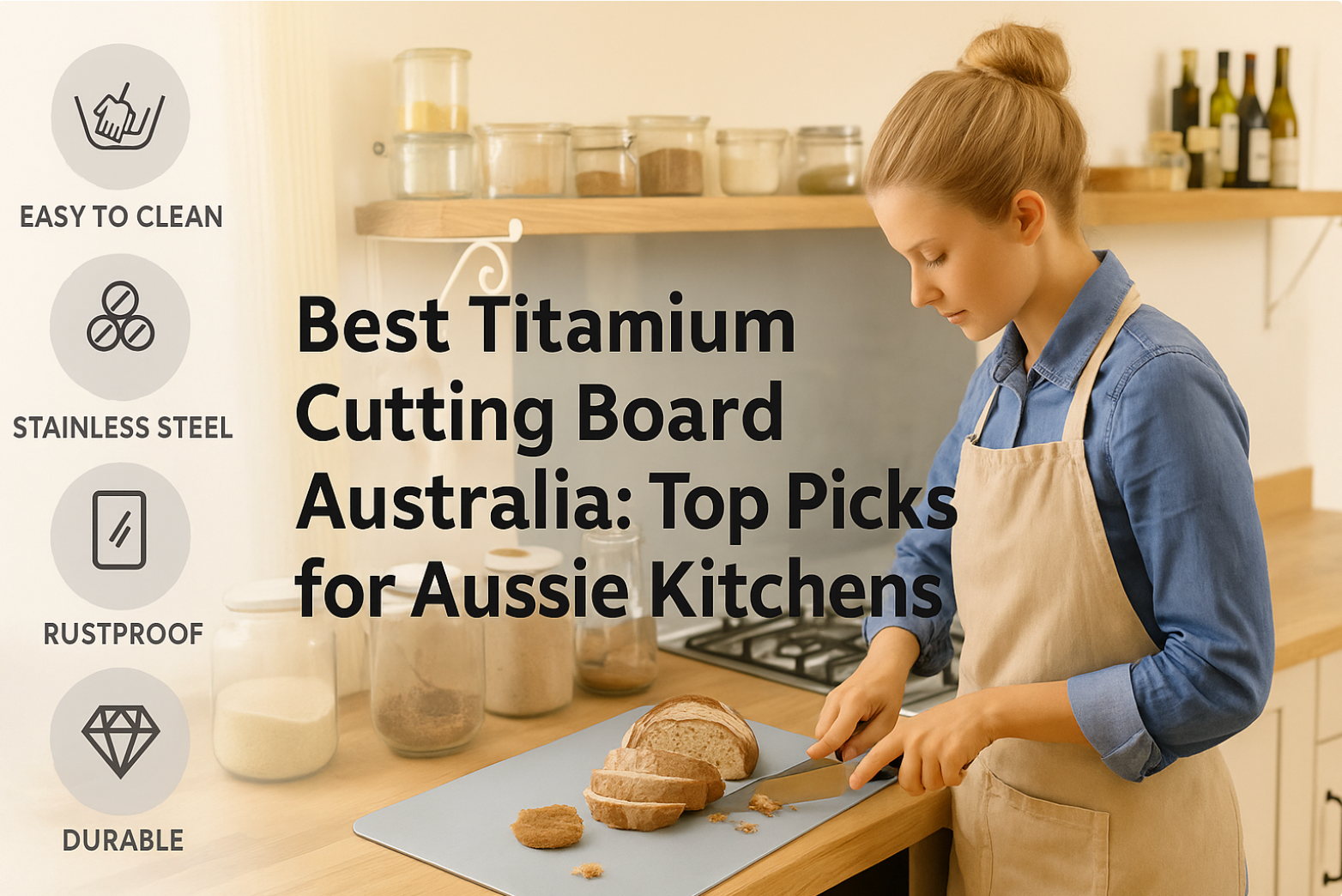 Young woman slicing bread on a titanium cutting board in a modern kitchen, with text highlighting features like easy to clean, stainless steel, rustproof, and durable — Best Titanium Cutting Board Australia guide.