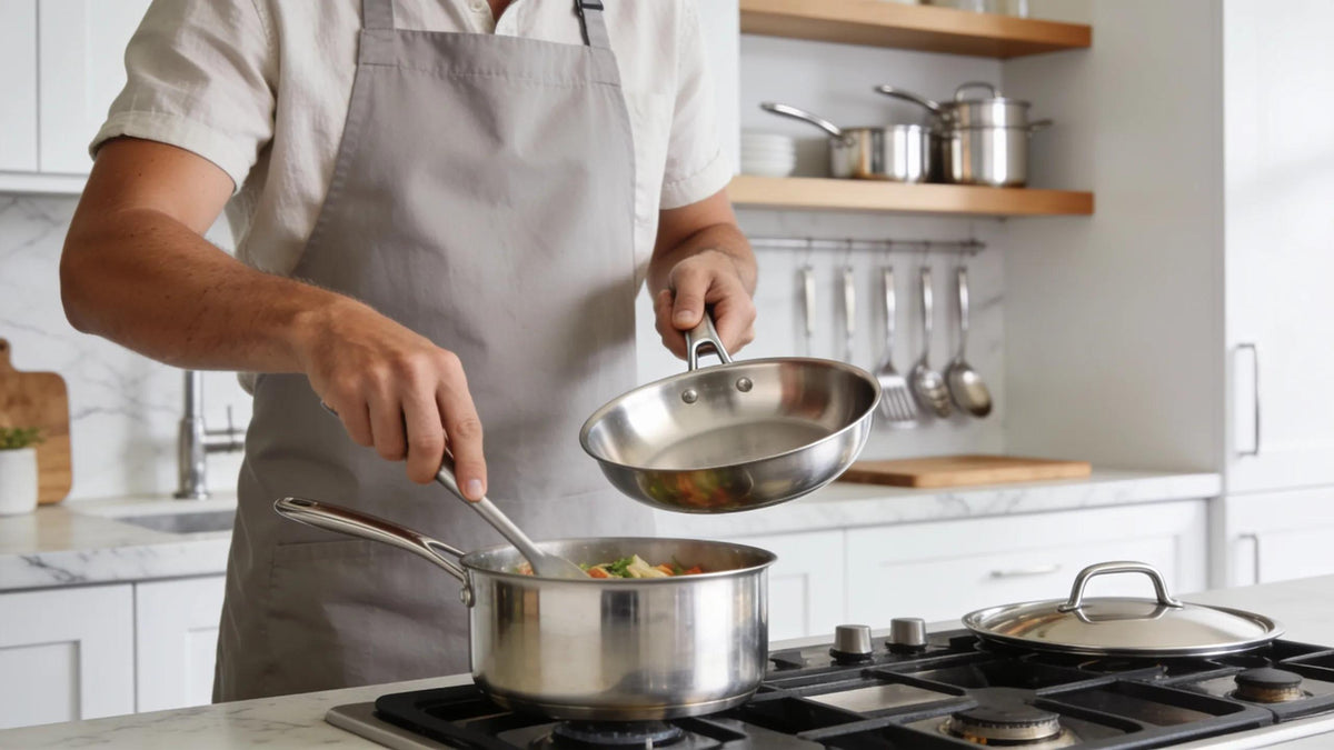 Australian home cook using lightweight titanium cookware in a modern kitchen setting
