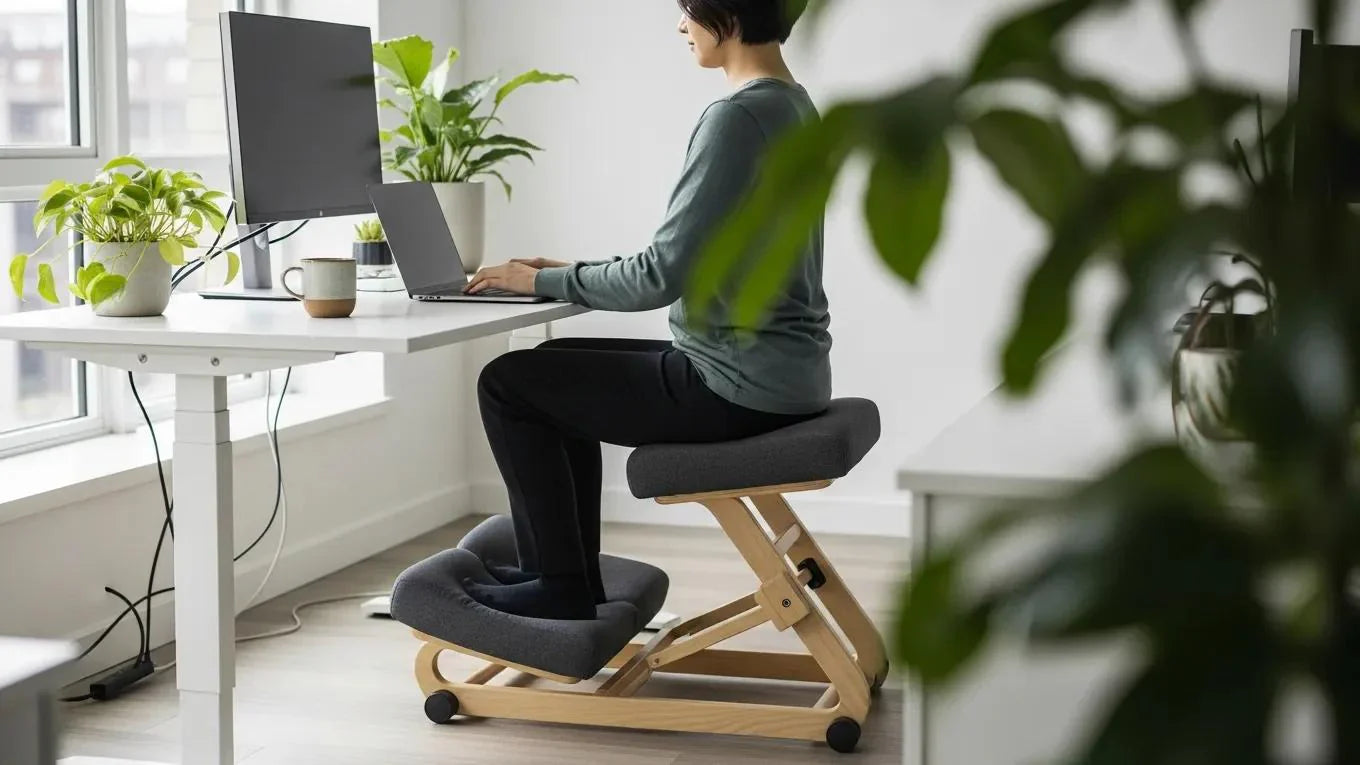 Ergonomic kneeling chair in a bright office promoting good posture and wellness