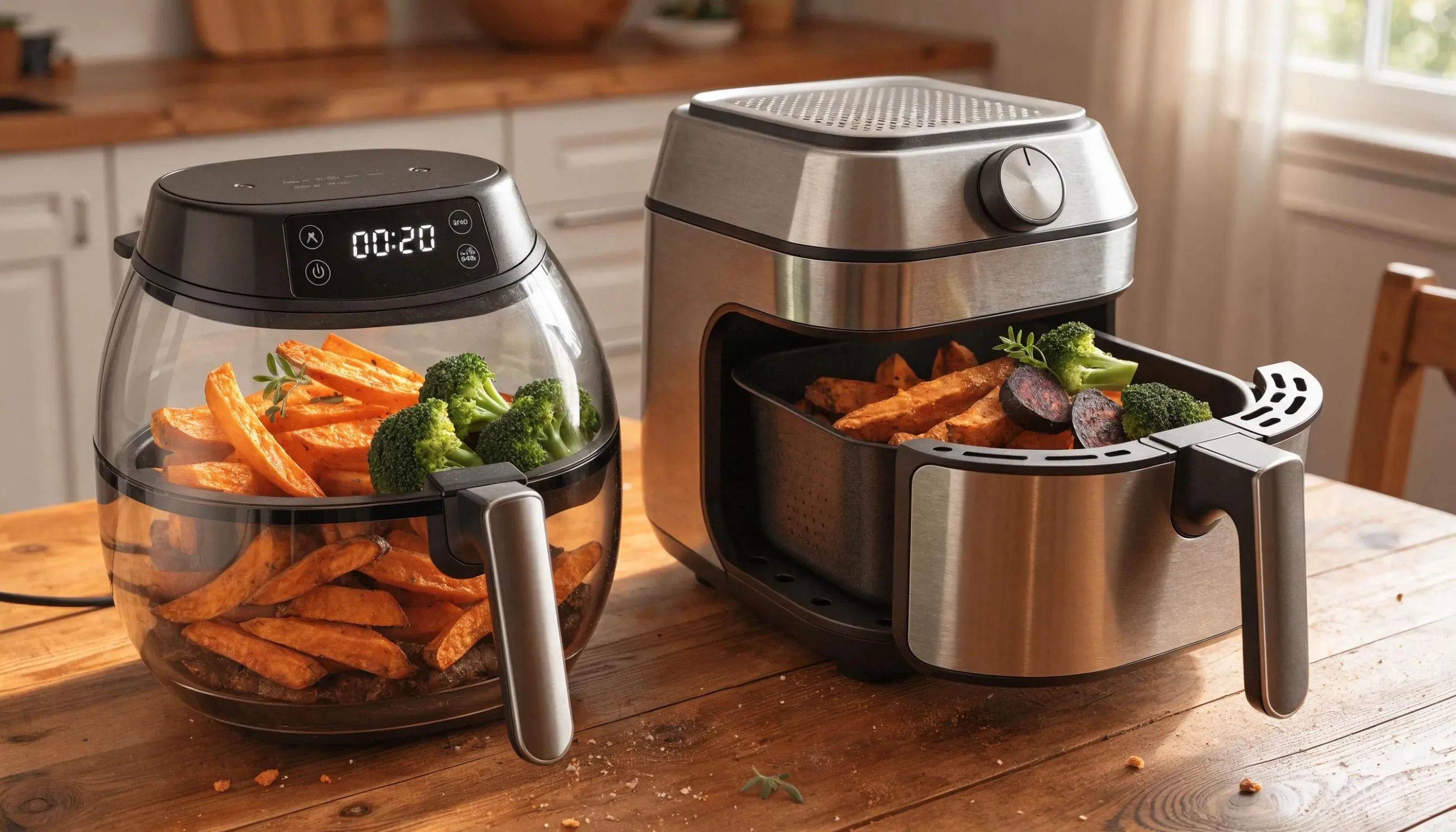 Comparison of glass air fryer and metal air fryer with healthy meals, showcasing cooking differences