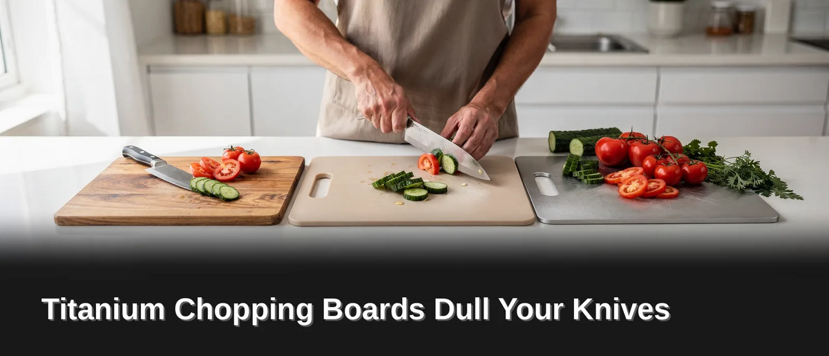 Yes, a titanium chopping board dulls knives faster than wood or plastic surfaces. The reason