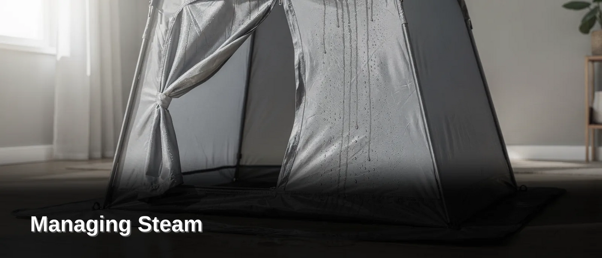 Trapped steam condenses the moment it meets cooler surfaces inside a sauna tent, leaving moisture