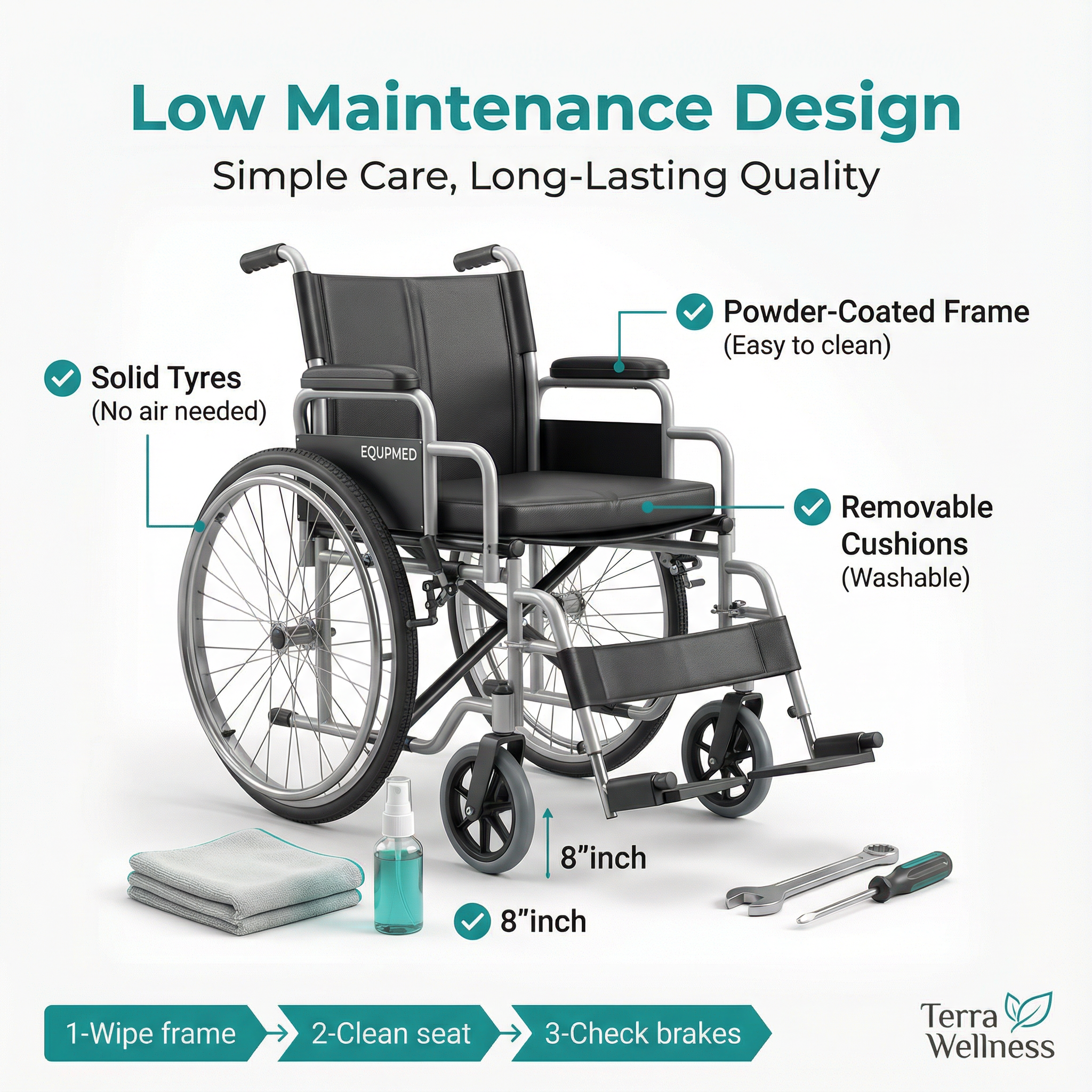 EQUPMED 24" Wheelchair - Folds For Easy Transport, Supports Up To 136kg
