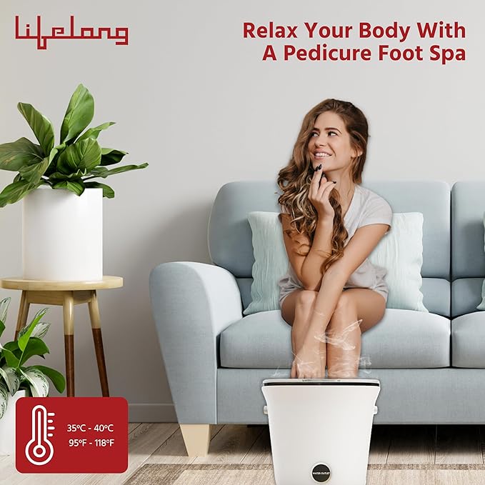 Woman using heated foot spa at home for relaxation, recovery and sore feet relief