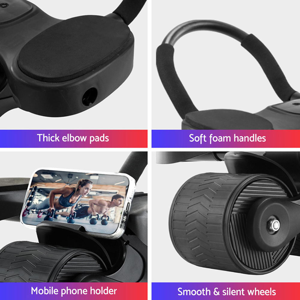 Ab roller shown from multiple angles showcasing dual-wheel stability, non-slip handles, and smooth rolling motion.