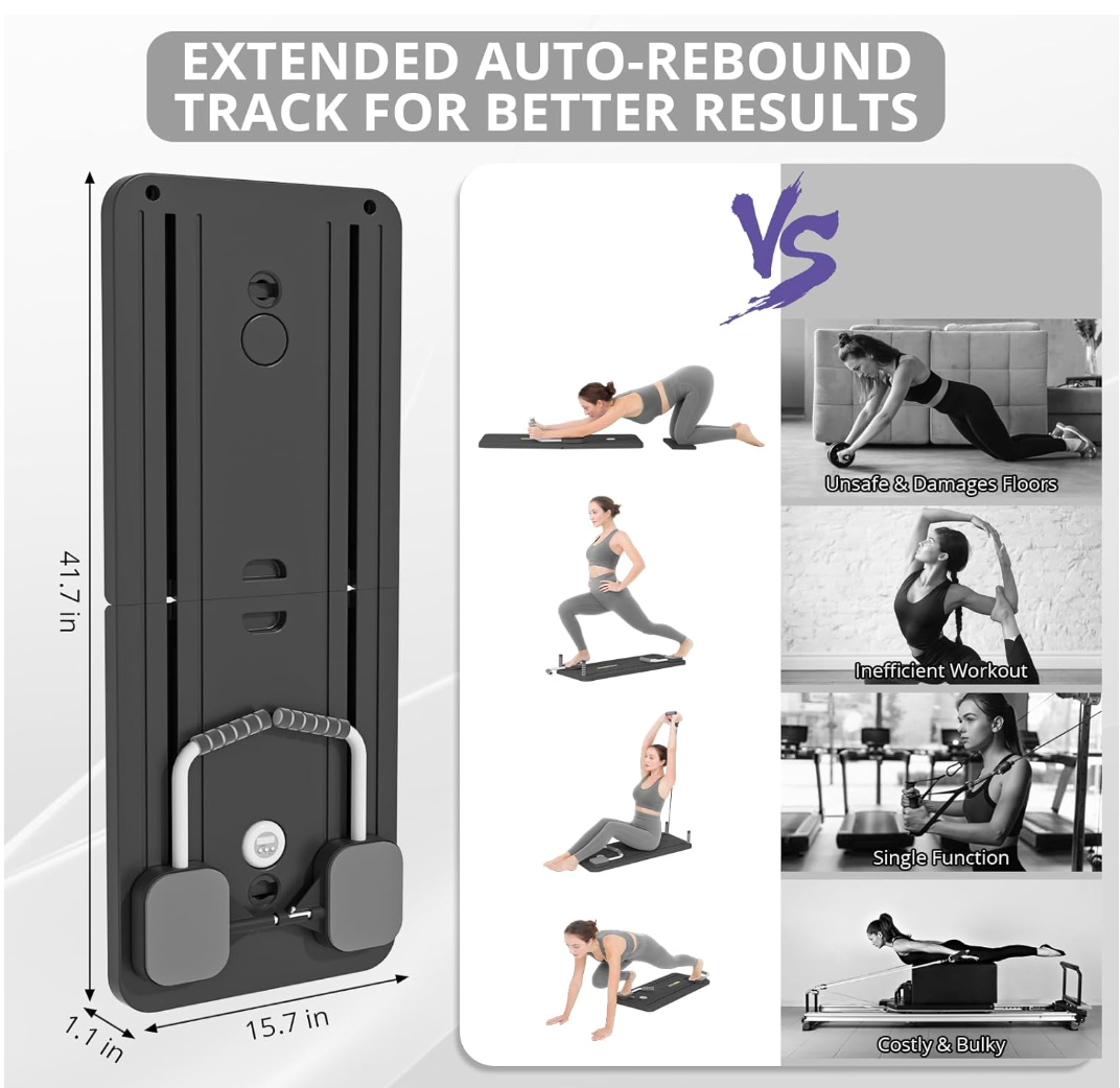 Foldable reformer Pilates machine with attachments for compact storage and versatile home fitness routines.