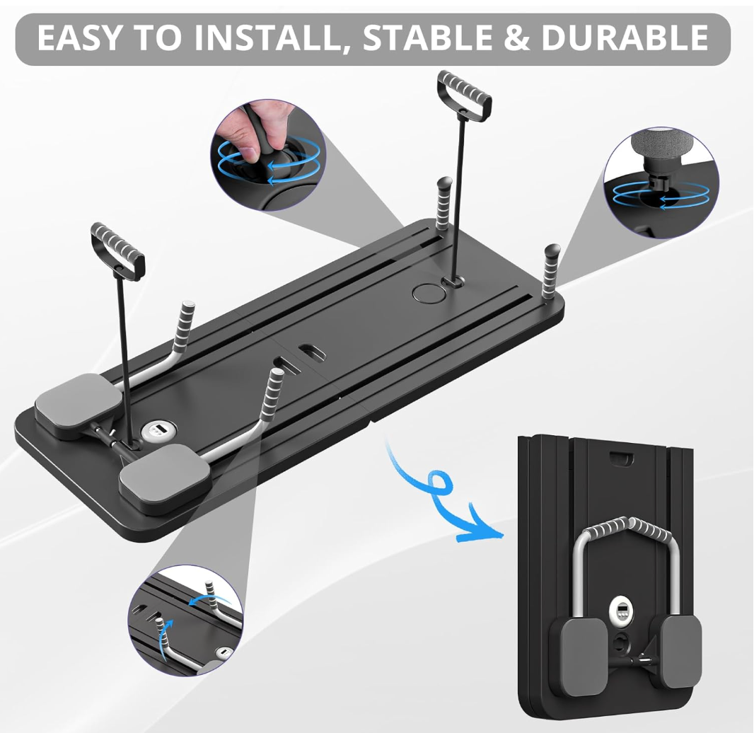 Reformer Pilates machine setup guide showing assembly steps, workout positions, and key features.