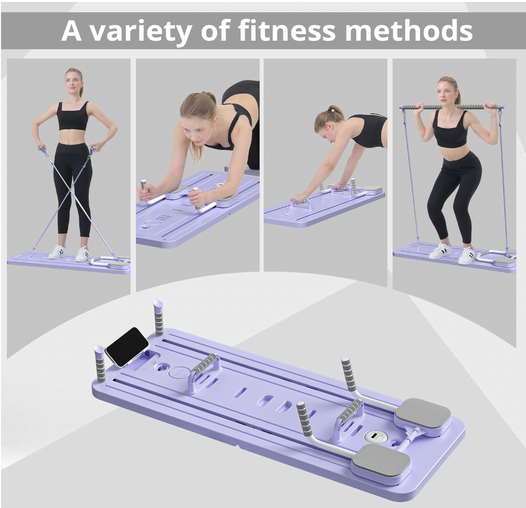 Reformer Pilates machine with smooth sliding carriage and adjustable straps for controlled movement exercises.