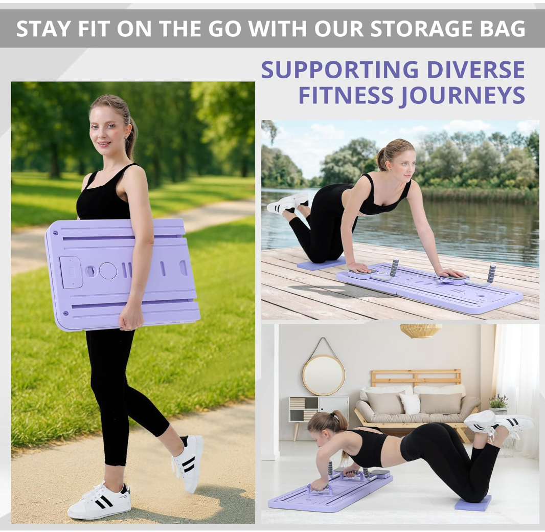 Portable reformer Pilates machine being used outdoors, highlighting easy transport and full-body workout capability.