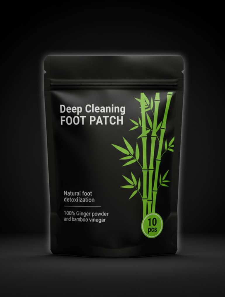 Detox foot pads premium black packaging showcasing herbal formula for cleansing, relaxation, and foot care.