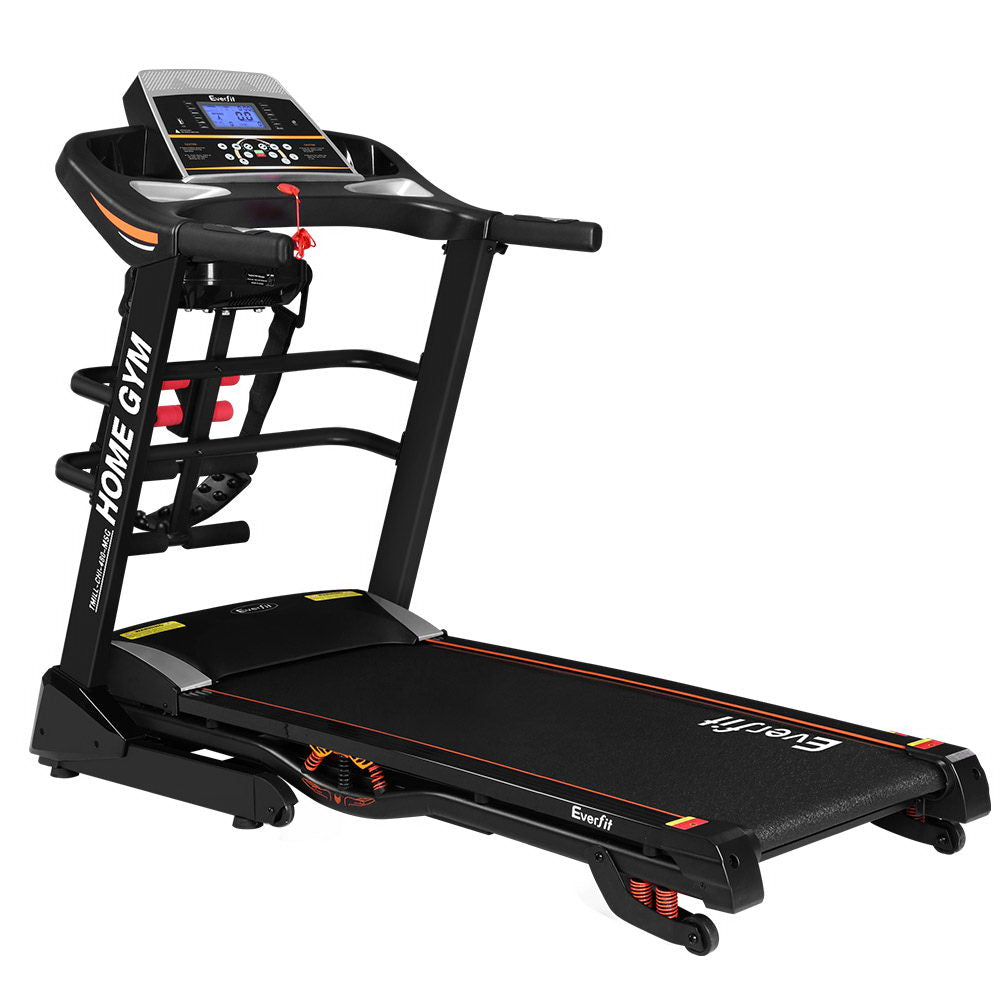 Side profile of incline treadmill showing sturdy frame, wide running belt, and high-performance incline motor.