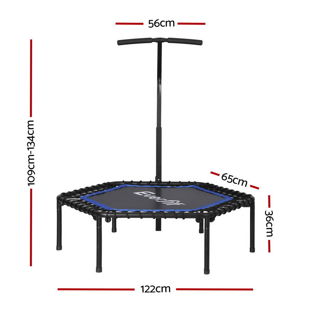 Exercise trampoline measurement guide showing adjustable height for all user levels