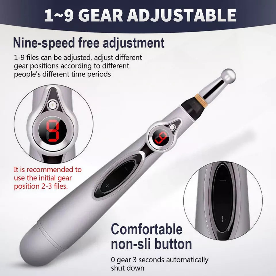 "Acupuncture Pen with close-up of digital display showing 9 power levels and a comfortable on/off button. Text highlights its adjustable intensity and ergonomic grip for targeted pain relief.
