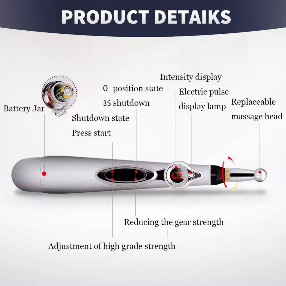 "Diagram of an Acupuncture Pen labeled with product details, including massage head, battery compartment, intensity level indicator, and stainless steel body. Text highlights adjustable settings and ergonomic design.