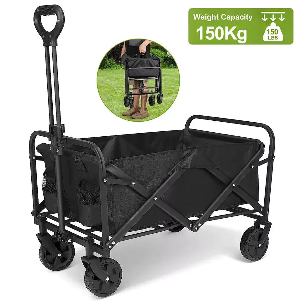 Sturdy beach cart with a telescopic handle, durable steel frame, and foldable design, perfect for carrying beach gear on sand and rough terrain.