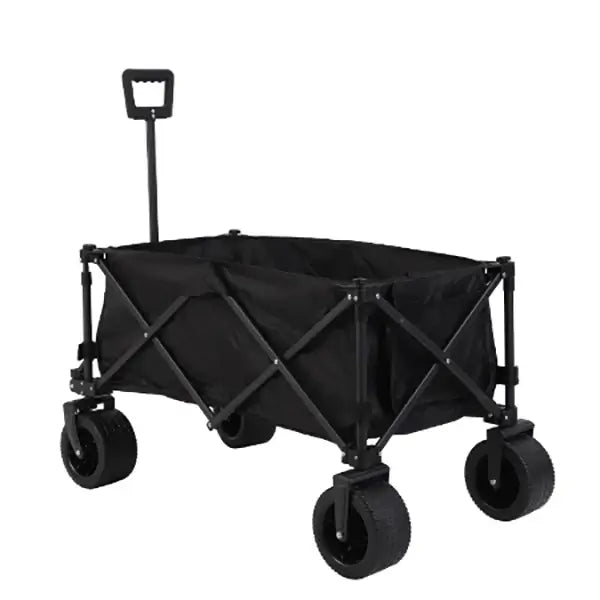Black foldable beach cart with sturdy wheels and a telescopic handle, designed for easy transport of beach essentials on sand and rough terrain.