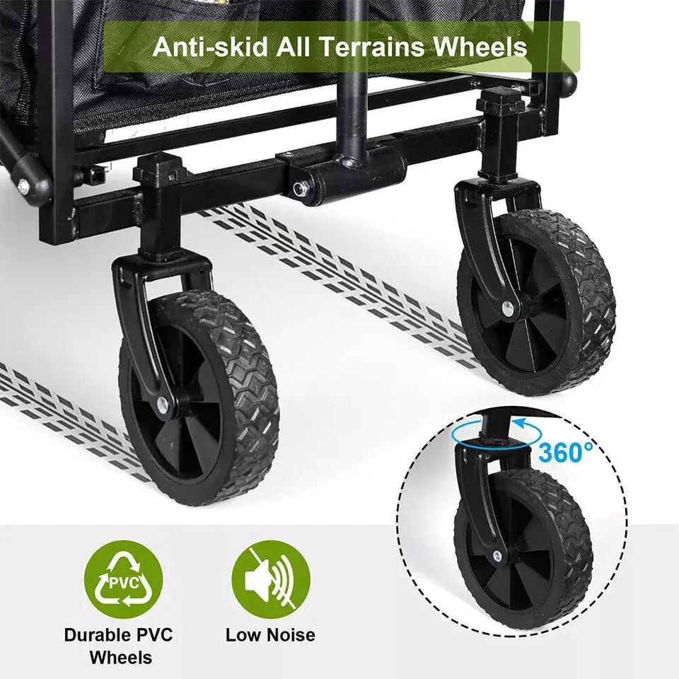 Close-up of beach cart swivel wheels, featuring 360-degree rotation for smooth maneuverability on sand, grass, and uneven terrain.