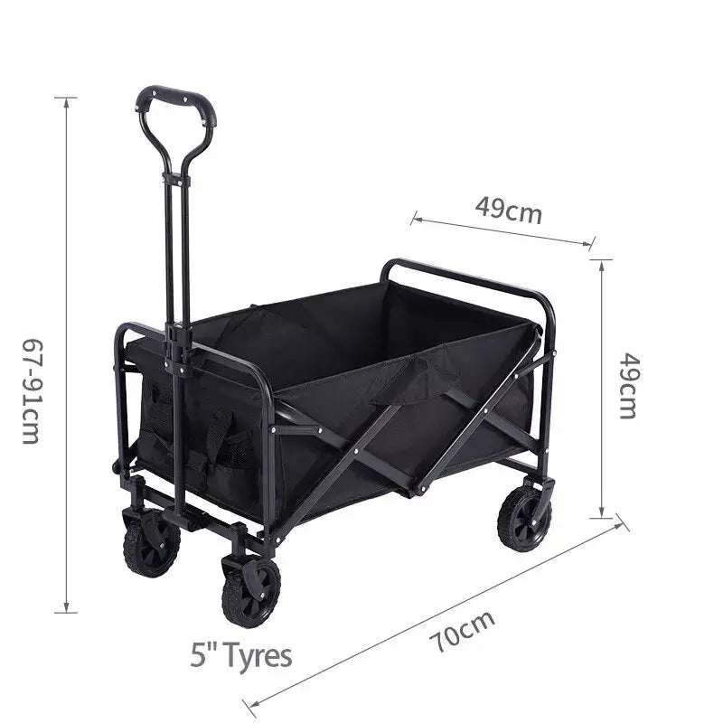 Black beach cart with dimensions labeled, featuring a telescopic handle, sturdy frame, and spacious interior for carrying beach essentials.