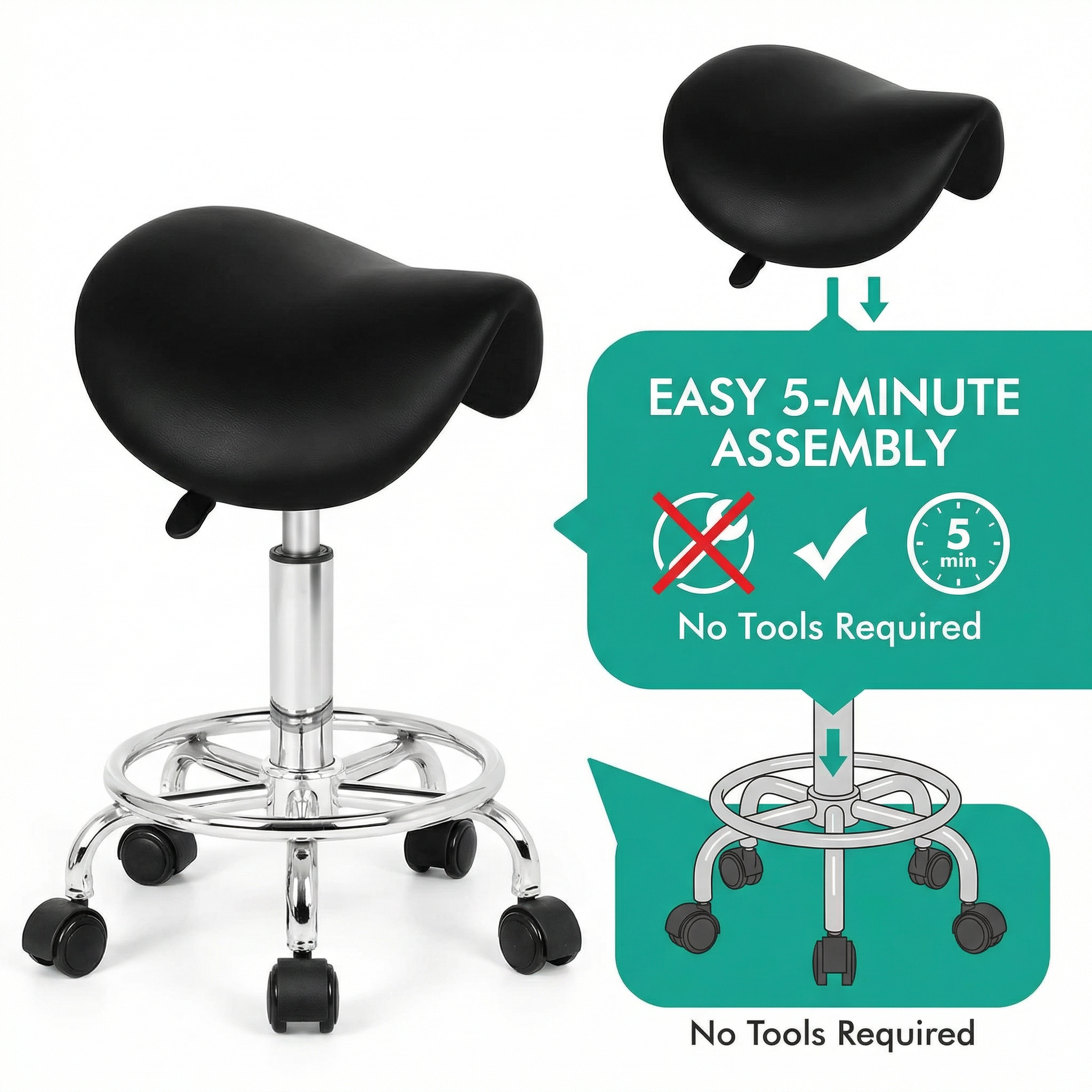 Saddle Stool - Salon Stool, Ergonomic Comfort, 360° Swivel