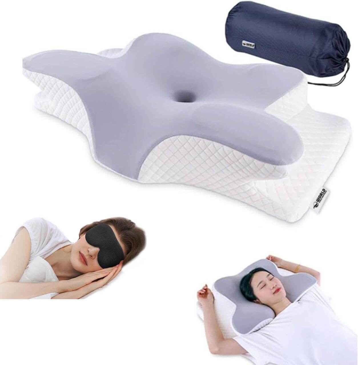 Butterfly pillow in grey and white with a navy travel bag, shown with two smaller images of a woman sleeping on her back and side. The ergonomic design highlights the pillow’s support for neck and shoulder alignment.