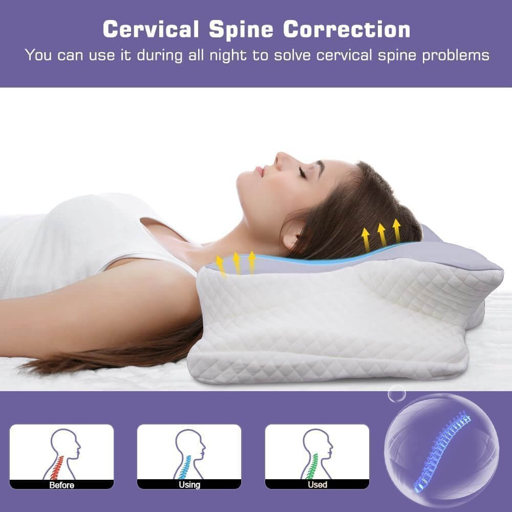 Woman lying on a butterfly pillow designed for cervical spine support, with highlighted neck alignment. The image includes text that promotes posture correction and four smaller icons showcasing pillow features like ergonomic design, breathable material,