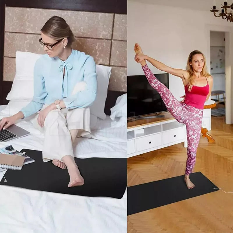 Split-screen image showing two women using a Grounding Mat—one seated on a bed working on a laptop, and the other practicing yoga in a standing pose. Highlights the mat’s versatility for both relaxation and exercise.