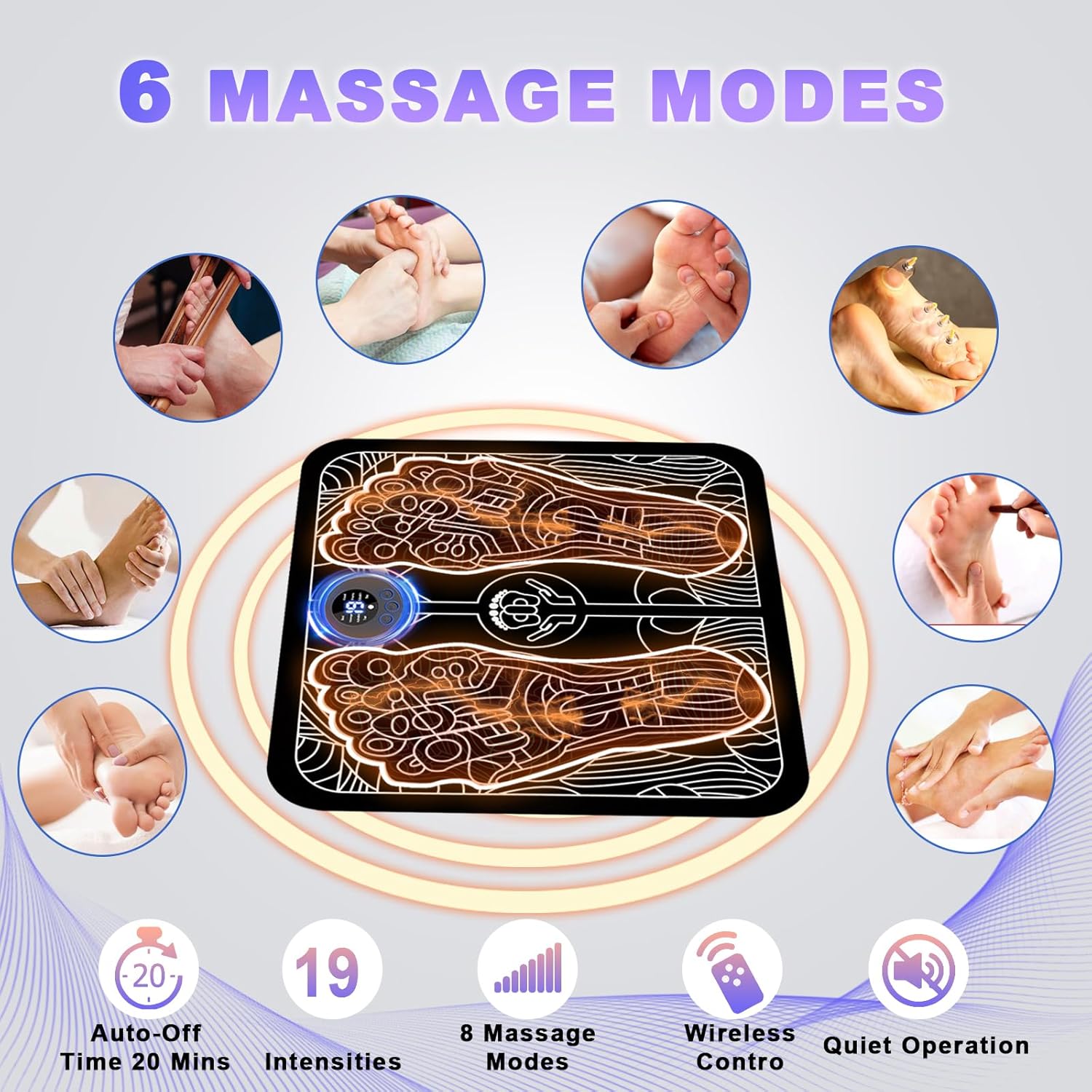 EMS foot massager display with 6 massage modes targeting acupuncture, kneading, and pressure points for full foot relaxation