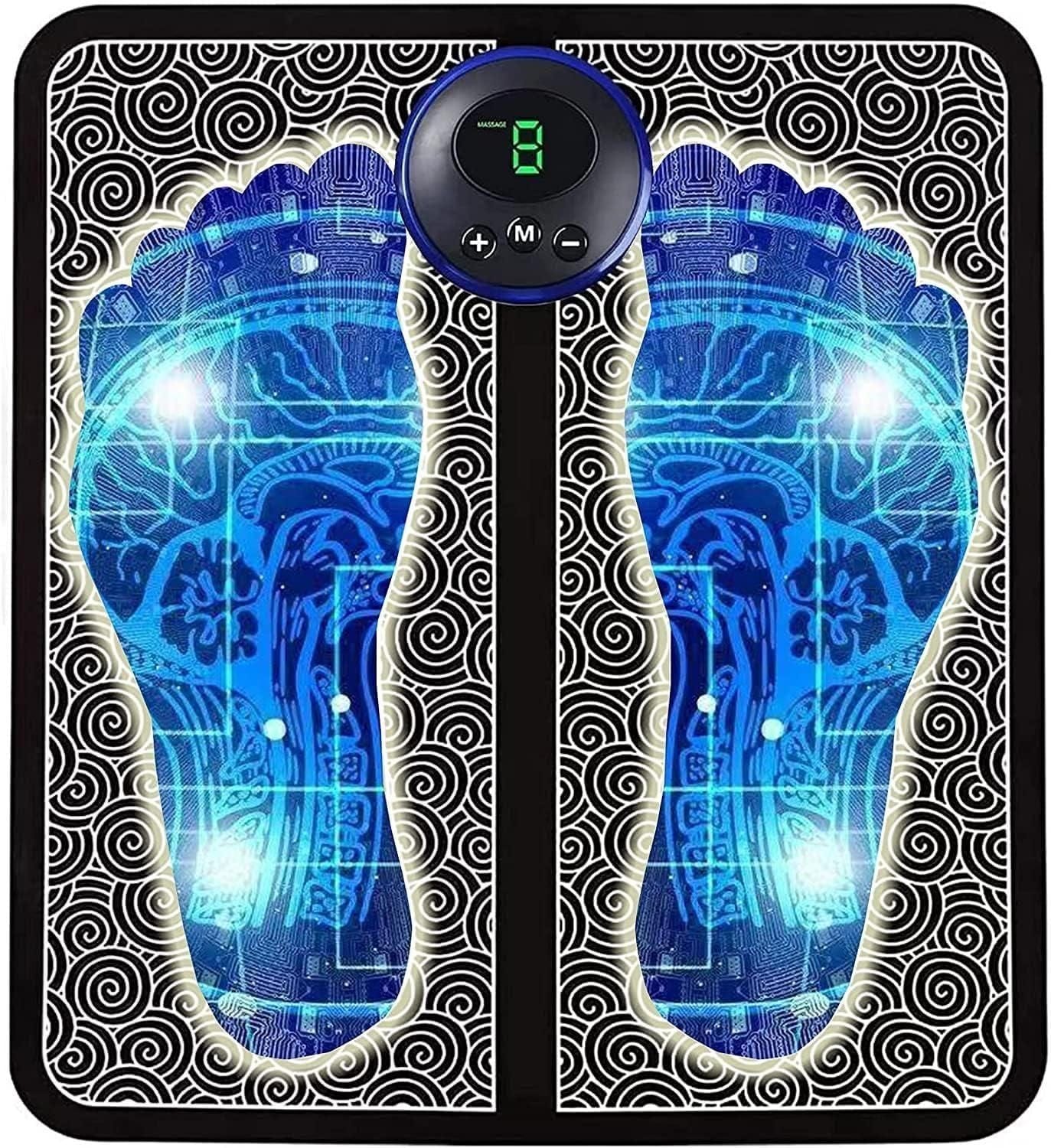 Digital EMS foot massager pad with LED indicators showing targeted muscle stimulation and pressure points for foot therapy