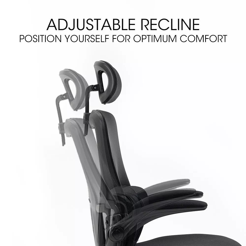 Side view of ergonomic office chair with adjustable recline and headrest for personalized comfort and posture support