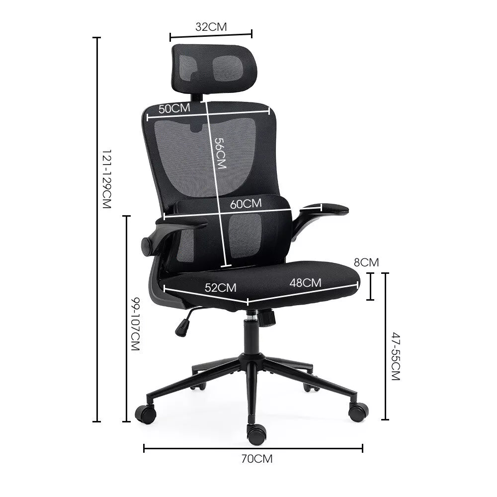 Ergonomic office chair with adjustable headrest and armrests, shown with full product dimensions for accurate fit and workspace planning