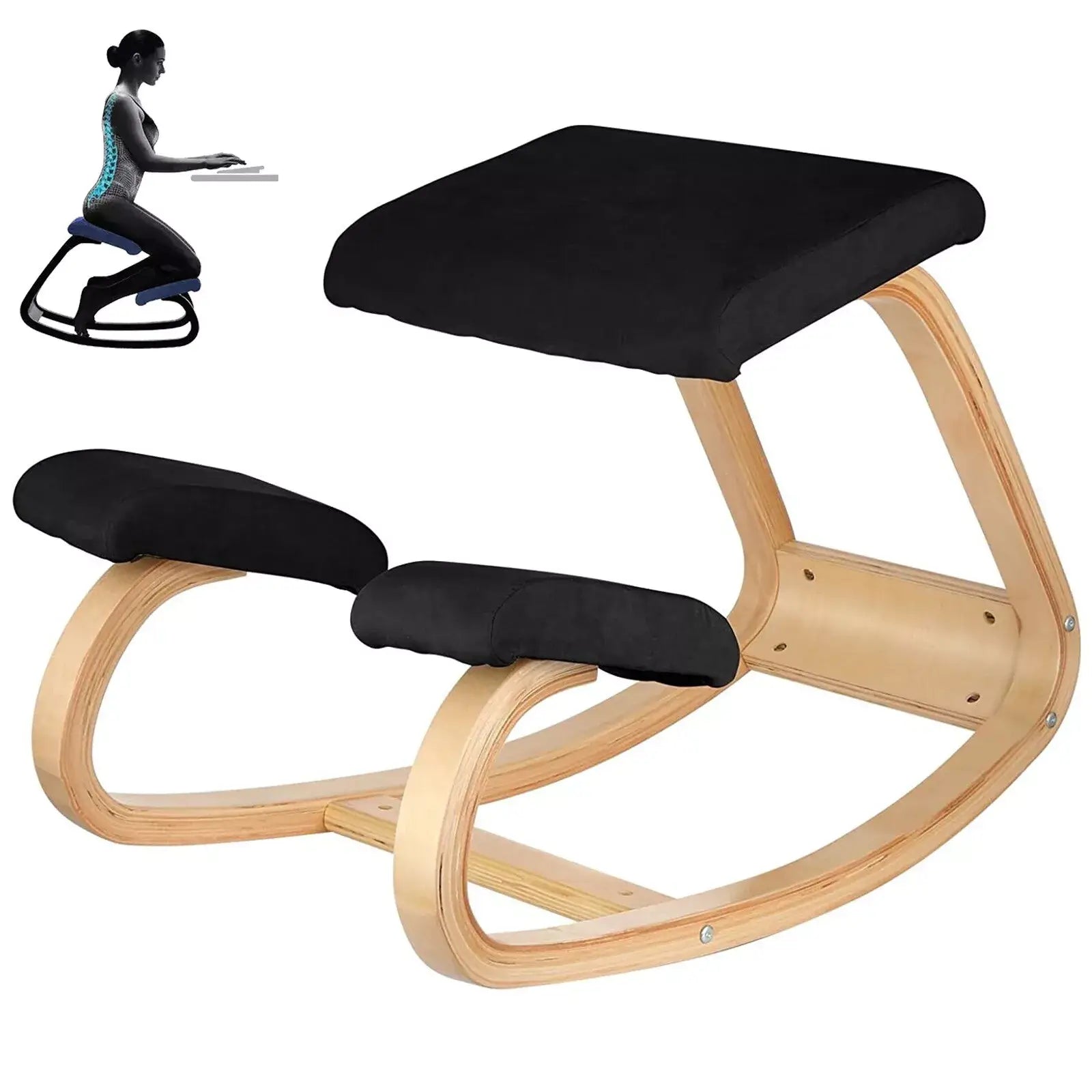 Modern ergonomic kneeling chair with a curved wooden frame and cushioned seat, designed to improve posture and reduce lower back strain while sitting.