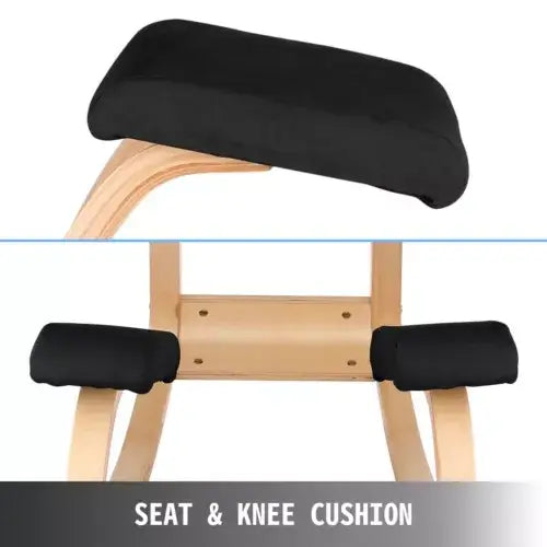 Close-up of the cushioned seat and knee pads on an ergonomic kneeling chair, designed for comfort and posture support while sitting.