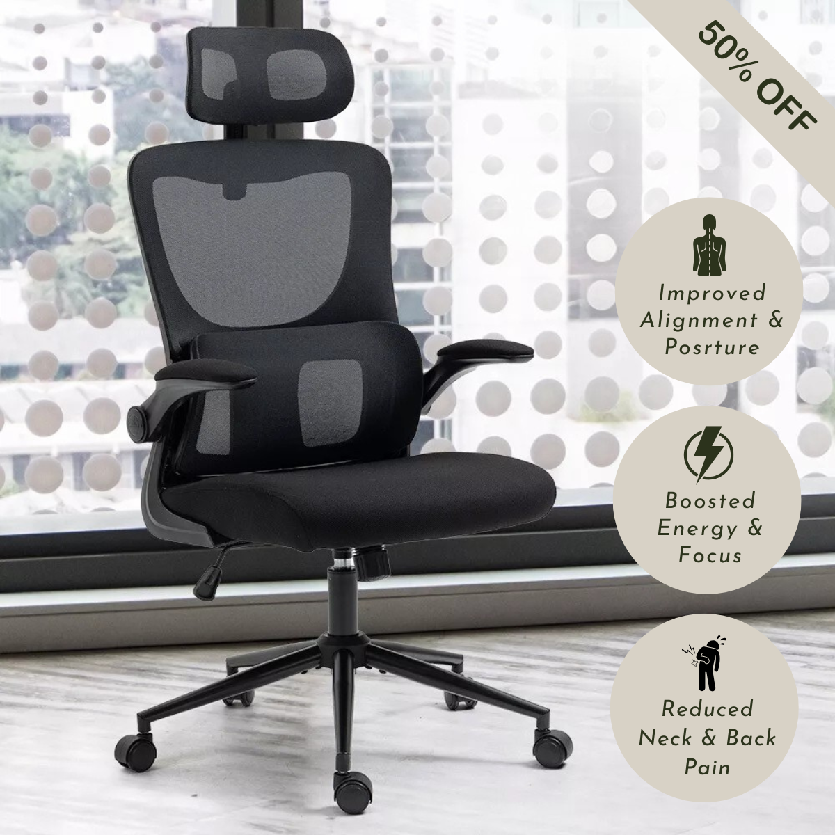 Ergonomic office chair with adjustable headrest and lumbar support for comfortable home or office workspace