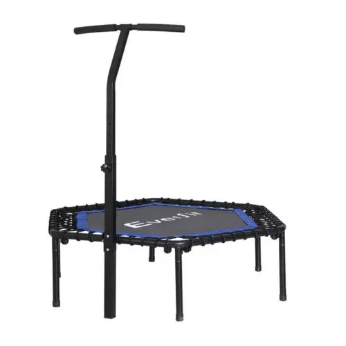 Hexagonal mini trampoline with an adjustable handlebar, sturdy frame, and durable bounce mat, ideal for home workouts and low-impact cardio.