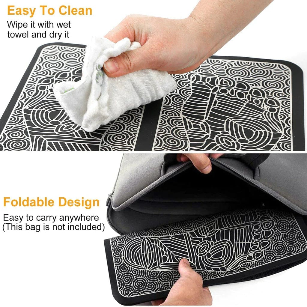 Foldable and easy-to-clean EMS foot massager pad with non-slip surface, ideal for convenient storage and hygiene maintenance