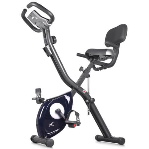 Black foldable exercise bike with a digital display, cushioned seat, and sturdy frame, ideal for space-saving home cardio workouts