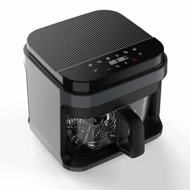 Black glass air fryer with a transparent cooking window and digital controls, designed for healthier, oil-free frying and even heat distribution.