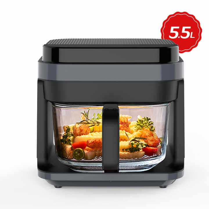 Black glass air fryer with an 8.5L capacity, featuring a transparent viewing window and dual cooking compartments for healthier, oil-free meals.