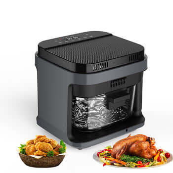 Black glass air fryer with a transparent cooking window, shown alongside crispy, healthy meals, designed for oil-free frying and even heat circulation