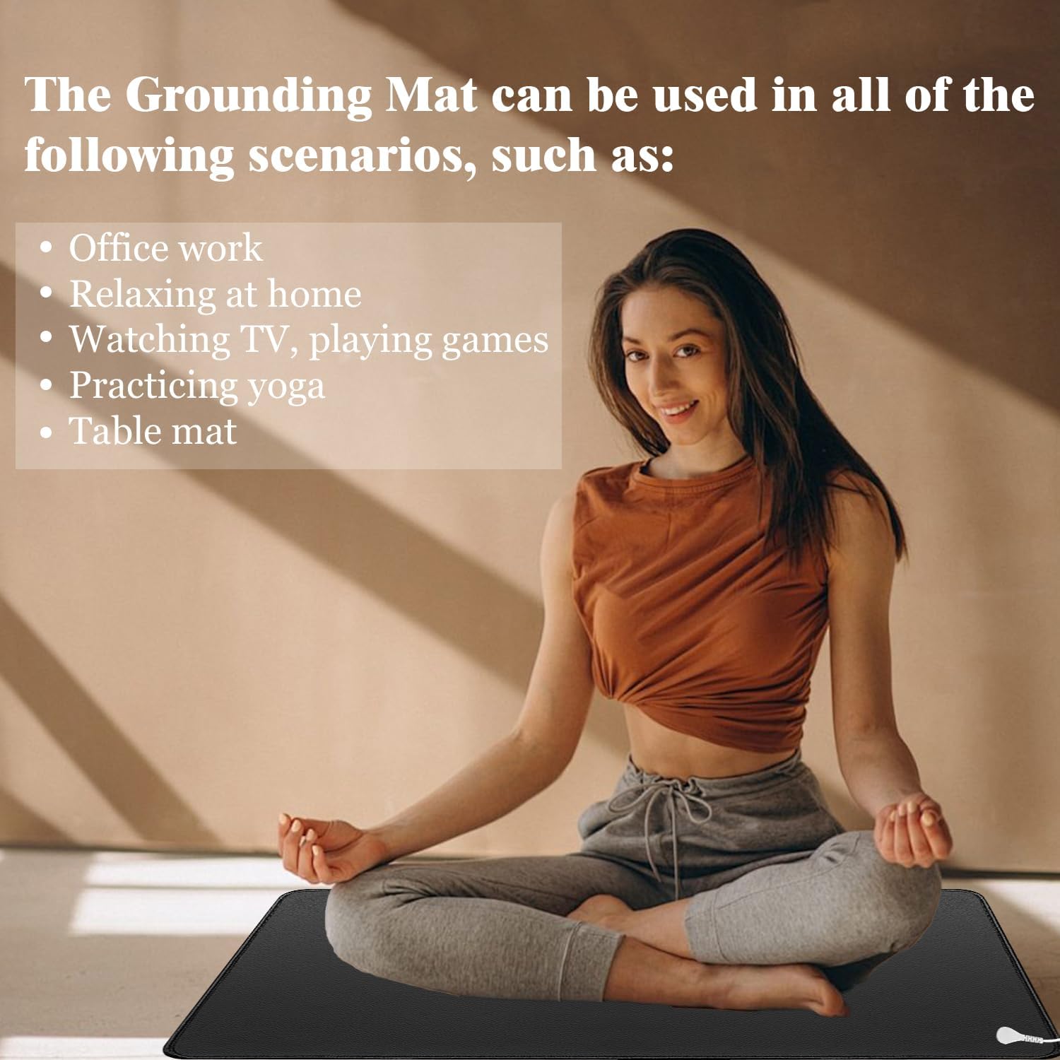 Smiling woman sitting cross-legged on a Grounding Mat in a sunlit room, with text listing benefits like reduced inflammation, stress relief, better circulation, and improved sleep. The scene emphasizes wellness and relaxation.