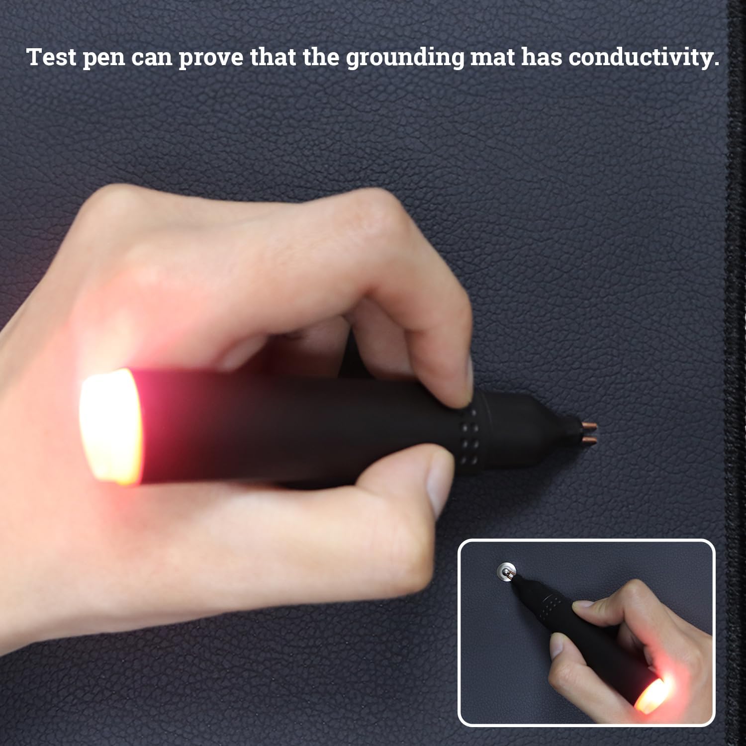 Hand holding a device with a glowing red light to test the conductivity of a Grounding Mat. Inset image shows close-up of the tester touching the mat, demonstrating how to confirm proper grounding connection.
