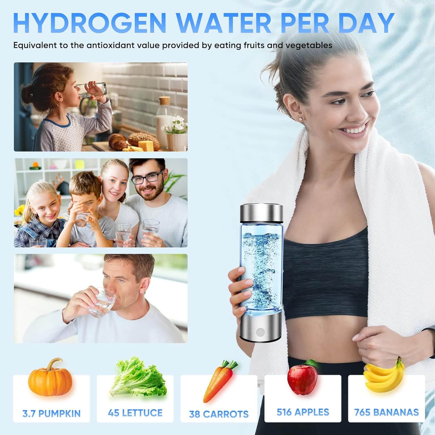 Hydrogen water bottle benefits for active lifestyle, showcasing enhanced hydration, antioxidant support, and health benefits for fitness, beauty, and overall well-being.