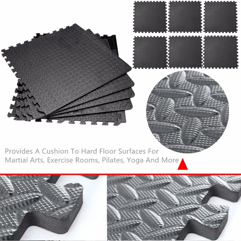 Set of gym mats shown with puzzle-style interlocking design for easy installation
