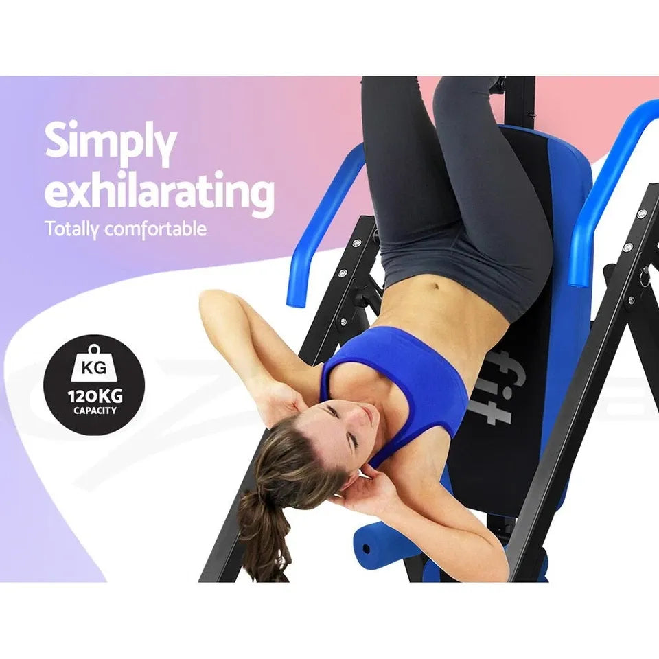 Close-up of inversion table ankle lock mechanism ensuring safe and stable inversion during stretching exercises.