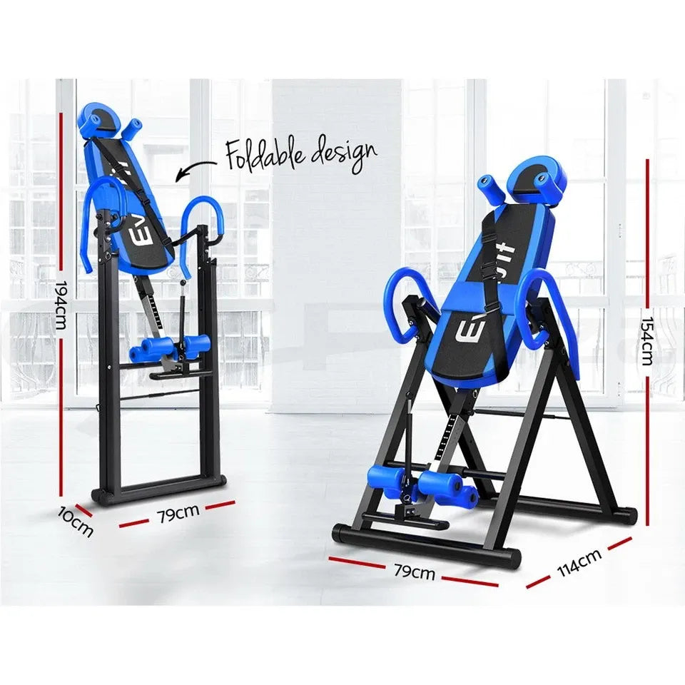 Foldable inversion table design showing compact storage, padded backrest, and durable steel frame.