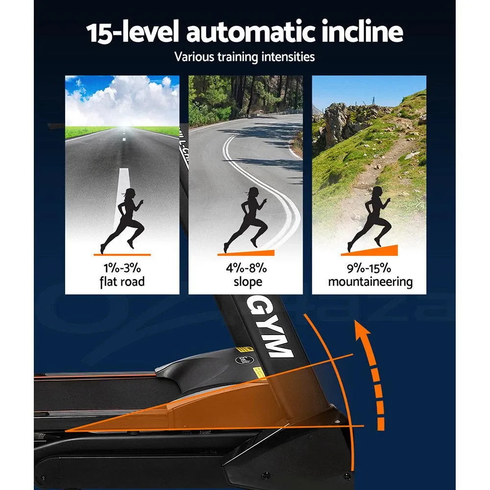 Incline treadmill console infographic showing workout programs, incline levels, speed settings, and performance metrics.