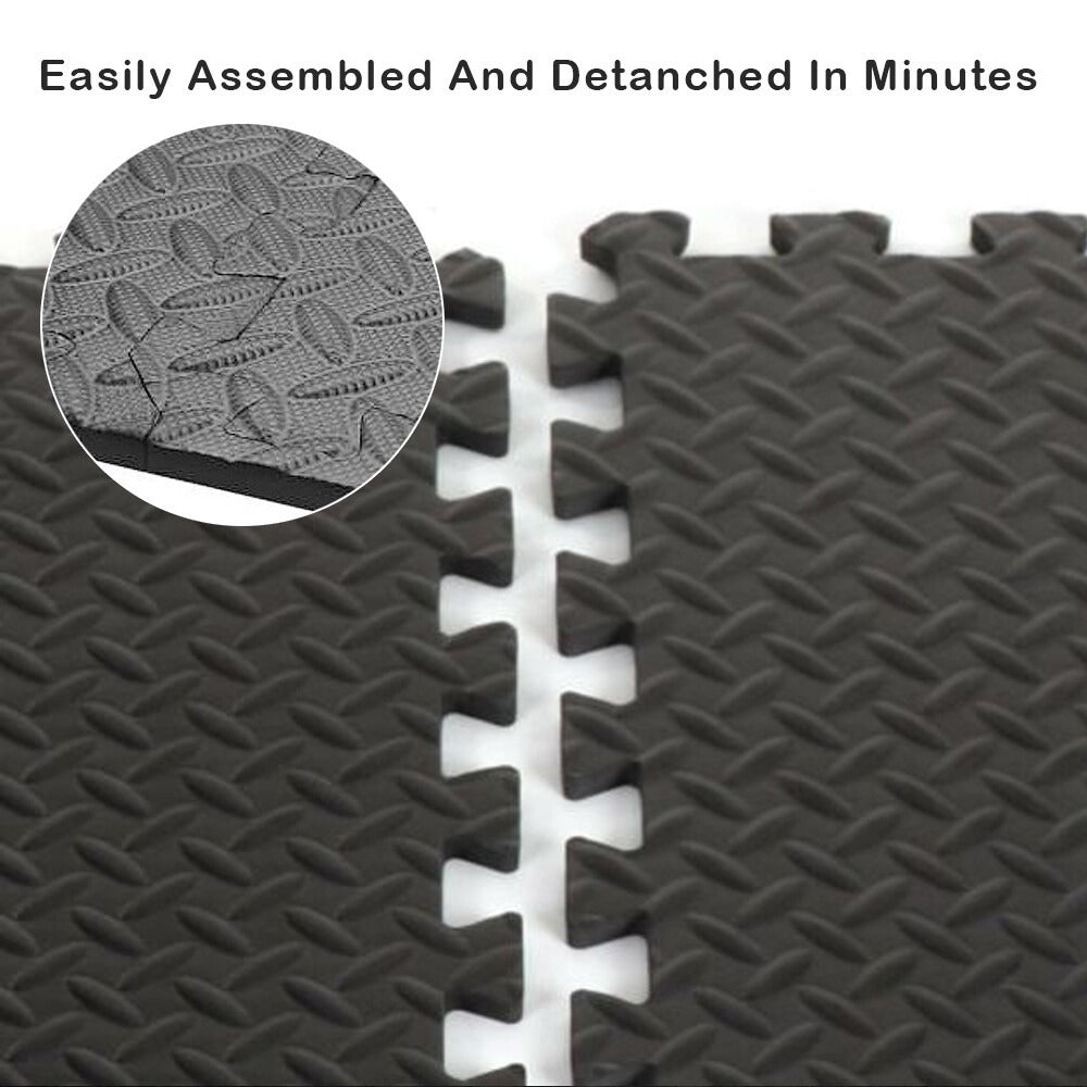 Close-up of interlocking gym mats with textured non-slip surface for stability