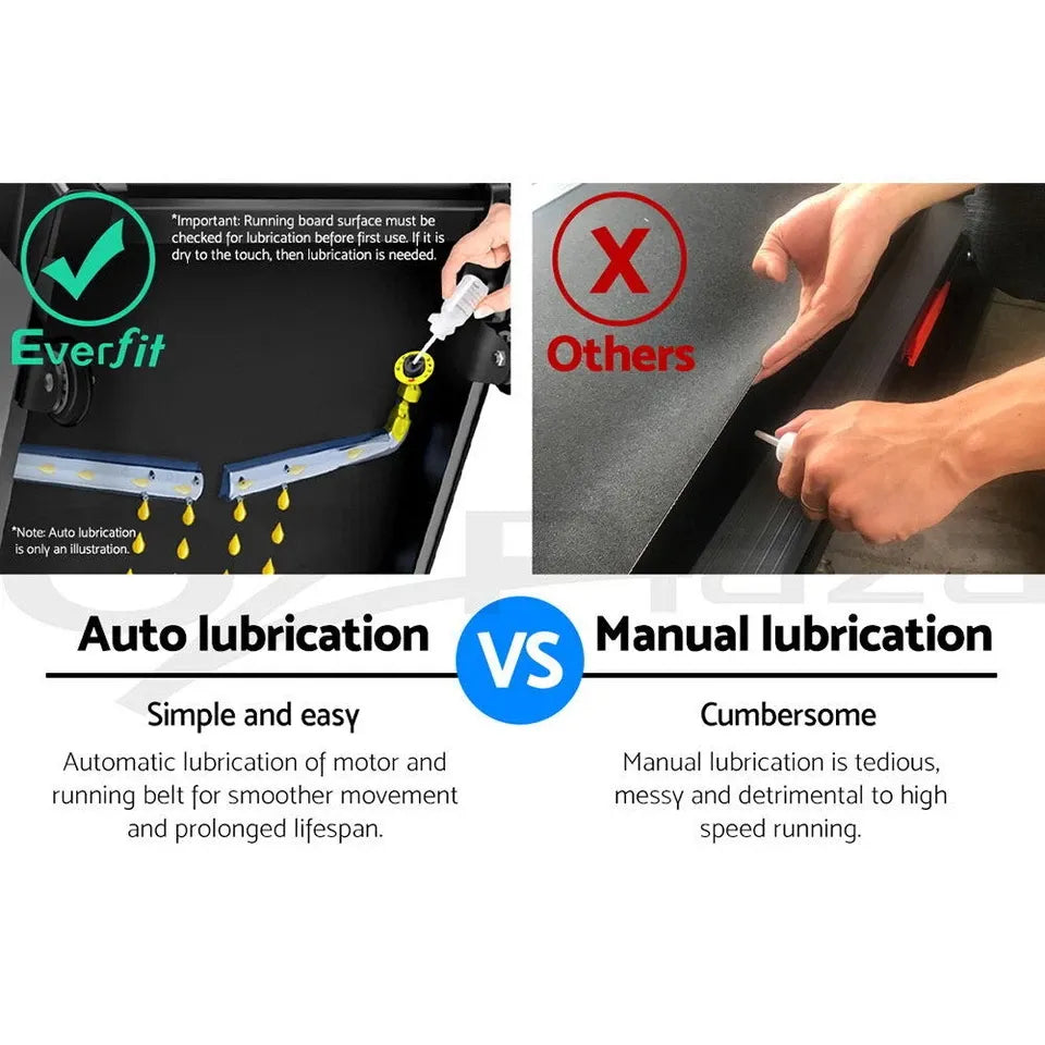 Foldable incline treadmill design highlighting easy storage, compact footprint, and hydraulic folding system.