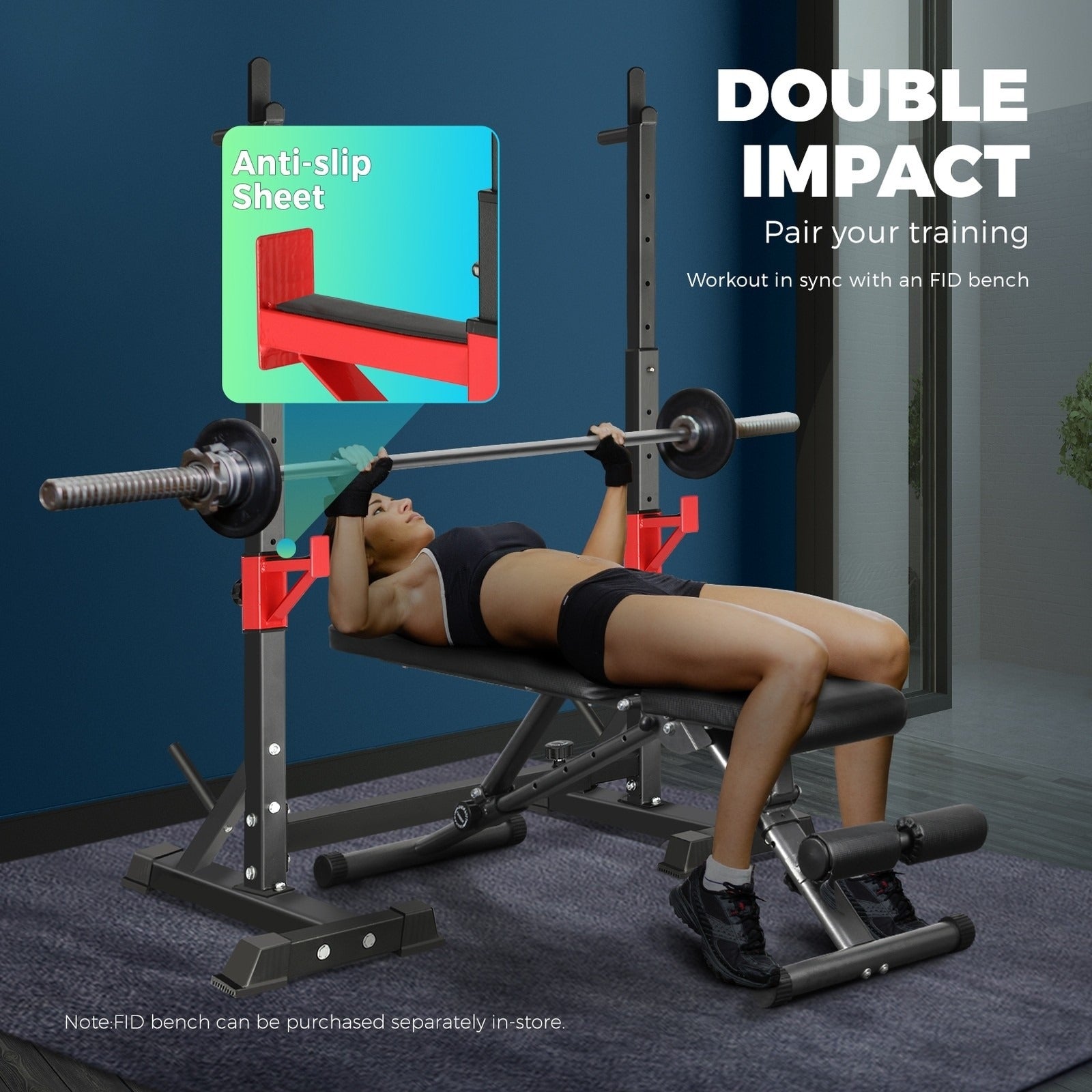 Athlete using squat rack with bench for versatile strength and muscle training