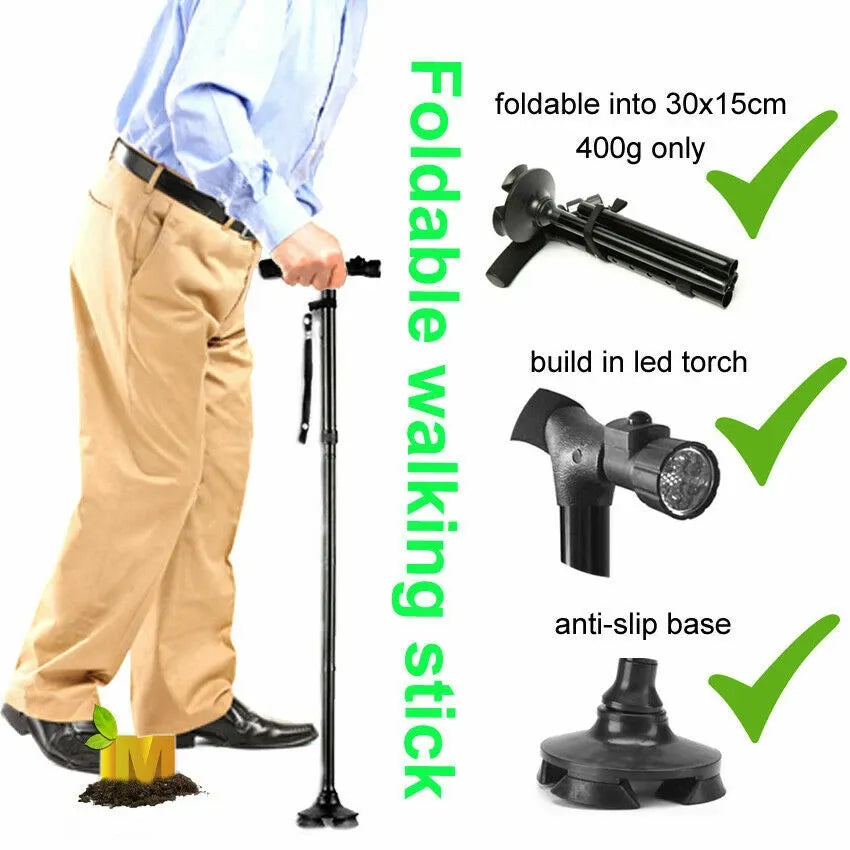 Walking stick with pivoting base and foldable lightweight construction